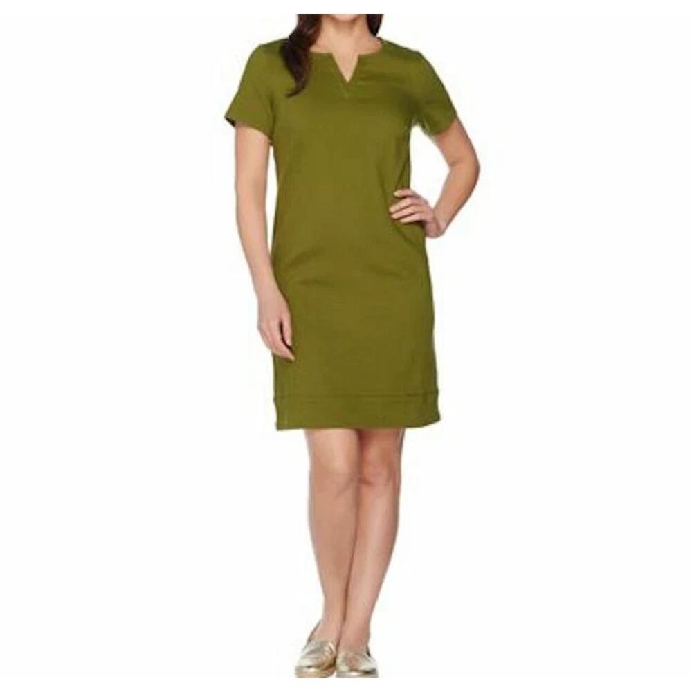 C WONDER Dress 20W Shift Split Neck Short Sleeve Twill Stretch Cotton Green